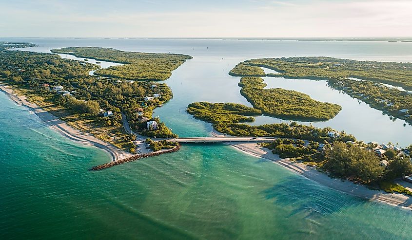 Stunning aerial view during sunrise of Captiva Island and Sanibel Island.