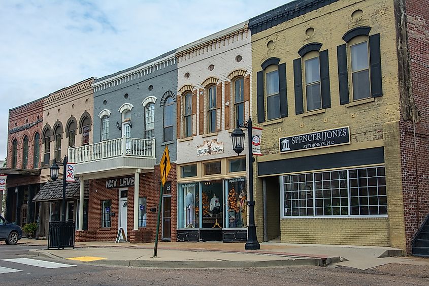 Charming historic buildings on S Washington Ave in Brownsville, Tennessee. 