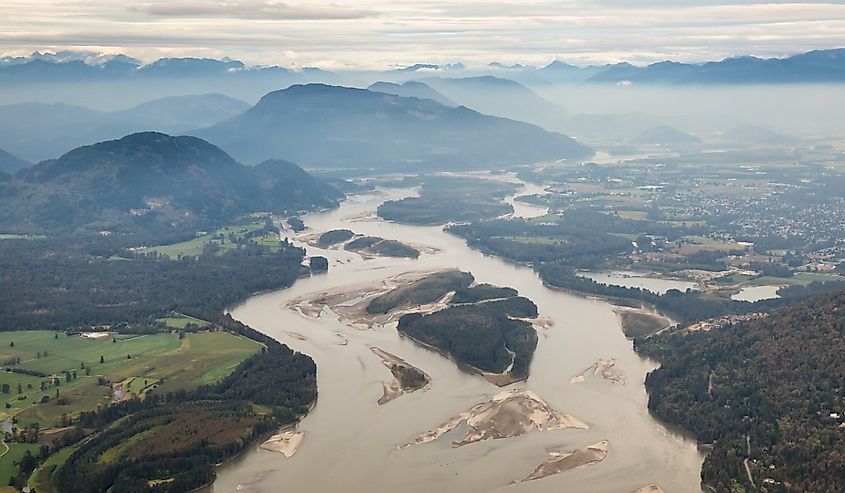 Aerial photography of Fraser River around Chilliwack City, British Columbia, Canada.