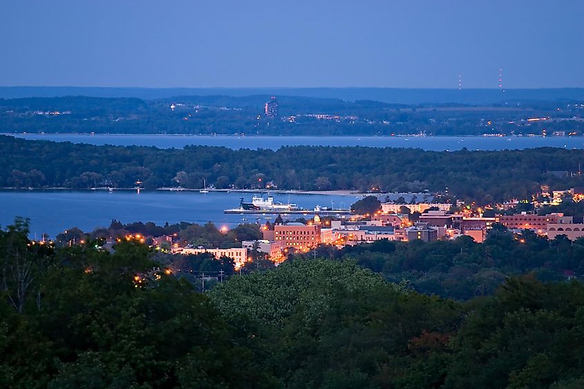 Nighttime cityscape of Traverse City, Michigan.