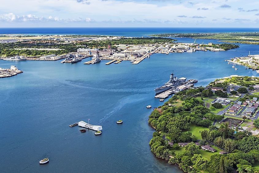 Aerial view of USS Arizona and USS Missouri Memorials at Ford Island, Pearl Harbor, Honolulu, Hawaii
