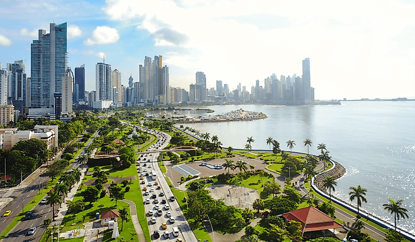 Aerial view of the modern skyline of Panama City , Panama with modern Highrise buildings.