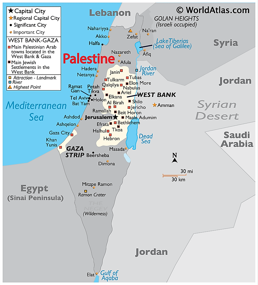 Physical map of Palestine showing the West Bank and Gaza Strip with major cities and terrain.