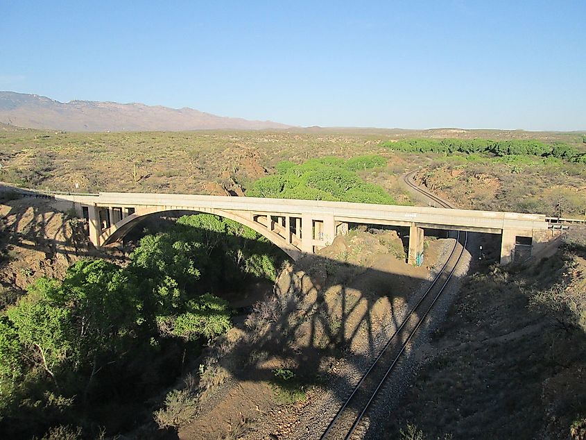 View across the top of Cienega Creek from the Marsh Station Bridge, facing east toward the Cienega Bridge.