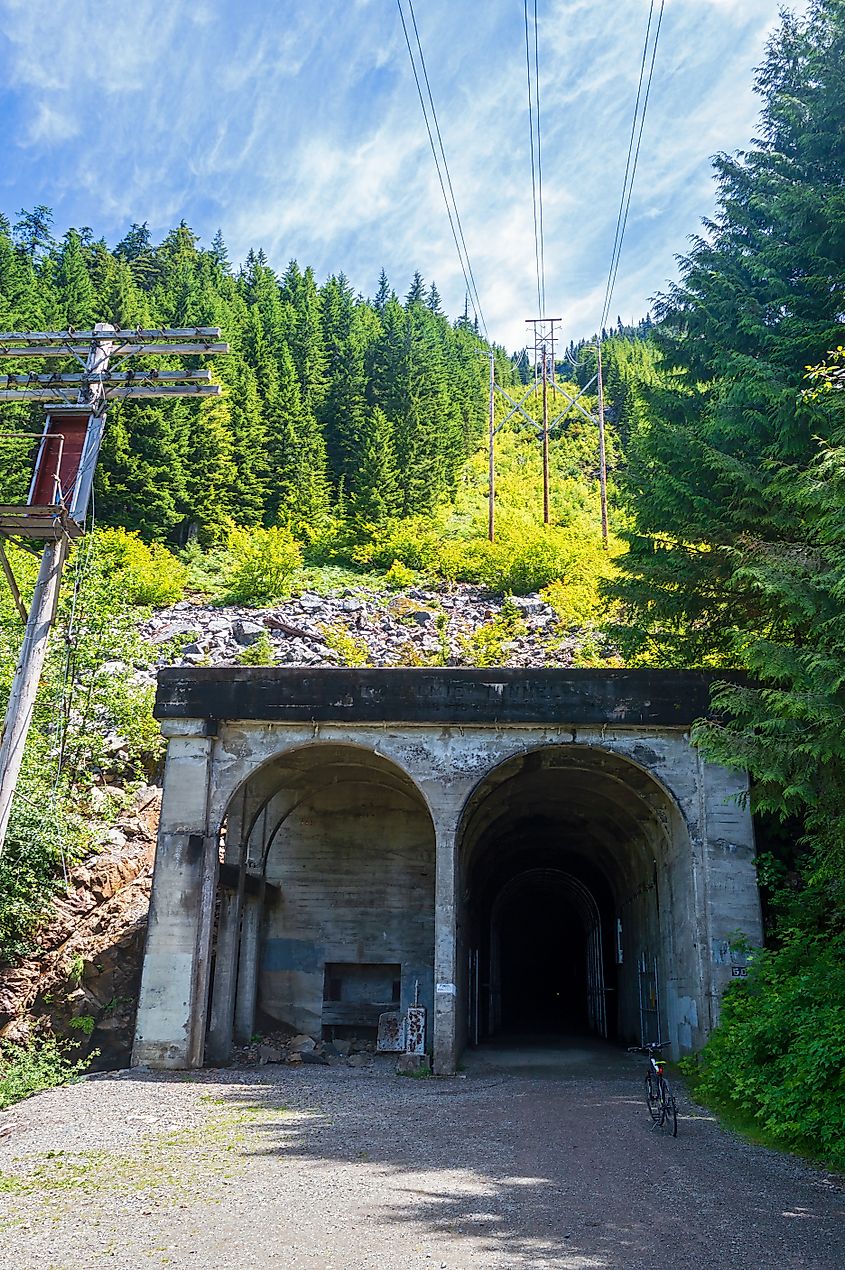 A Bicycle at the entrance of the Snoqualmie Tunnel on the Iron Horse Trail in the Snoqualmie Forest, Washington.