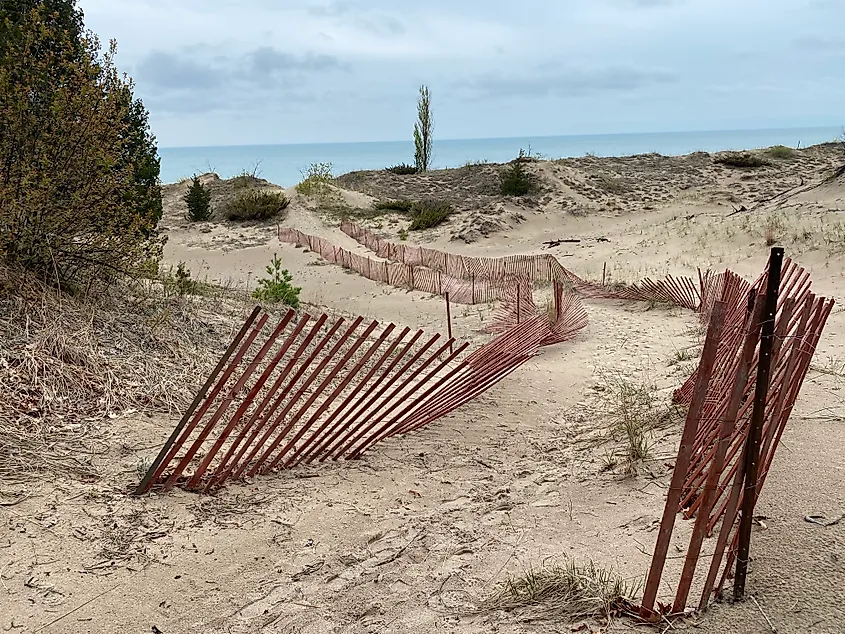 A structural fence marks a walkway through shoreline sand dunes.