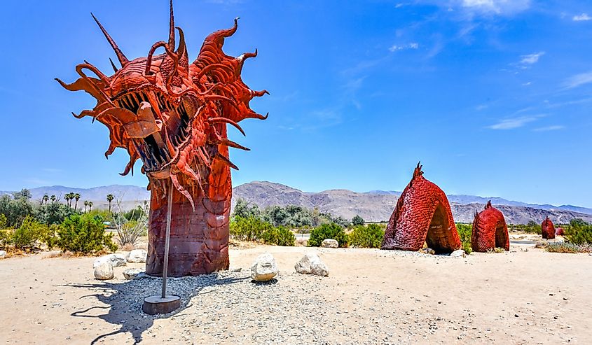 Outdoor metal sculpture of a mythical serpent, close to Anza-Borrego Desert State Park.