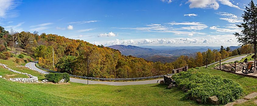 Panoramic Autumn view of the southern Appalachian Mountains from Little Switzerland North Carolina off the Blue Ridge Parkway