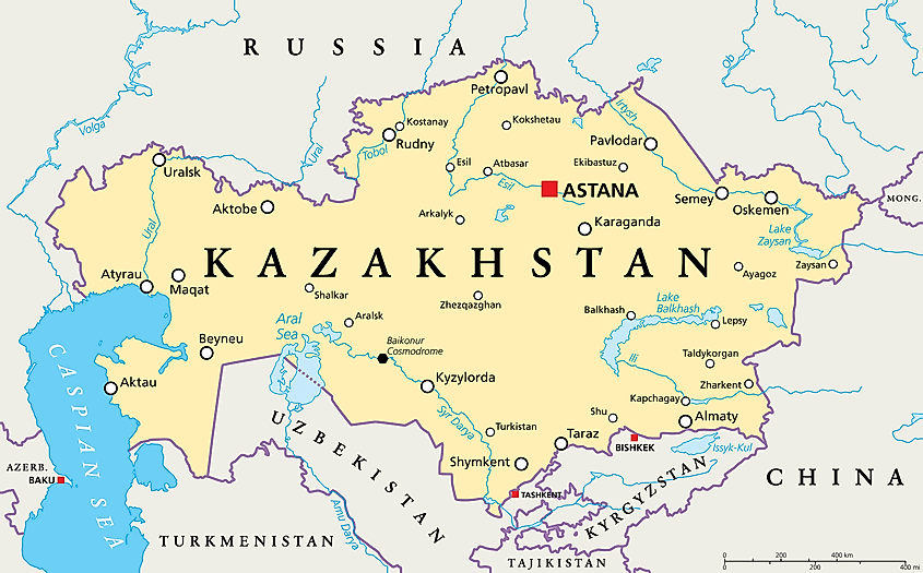 Map of Kazakhstan with bordering countries.