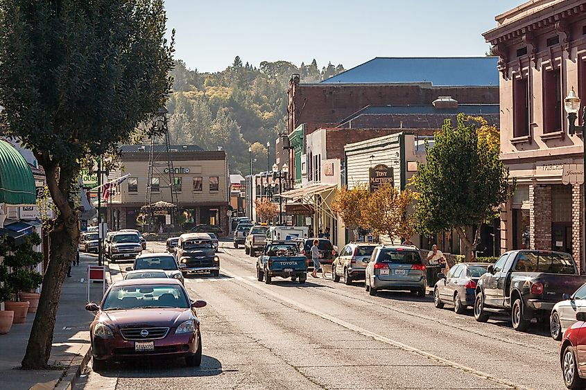 The historic Main Street in Placerville, California.