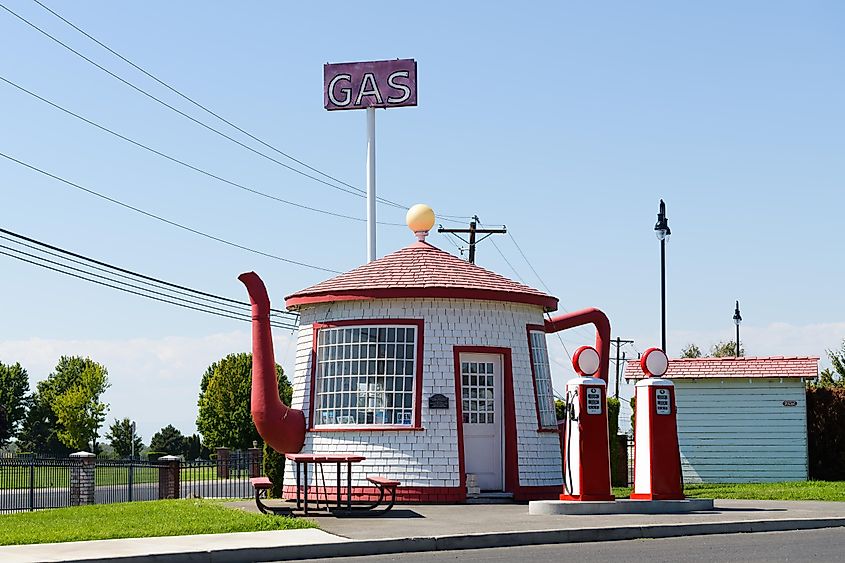 Teapot Dome historic gas station in Zillah Washington on sunny summer day with blue sky