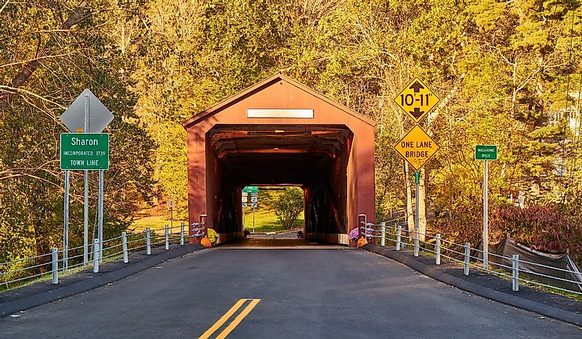 Covered bridge along scenic Route 7 in West Cornwall, Connecticut,