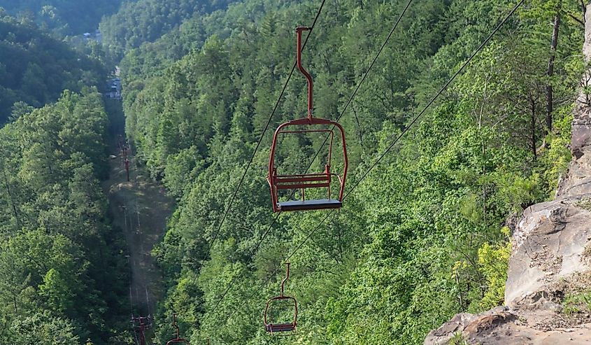 Slade, KY, USA, 7-3-2020: Skylift with valley in background