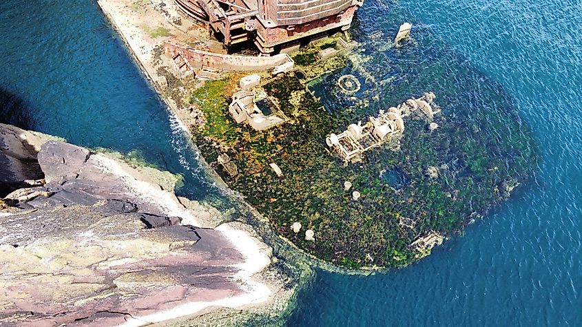 Aerial view of a shipwreck off the coast of Ardmore, Ireland.