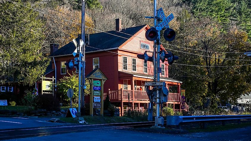 Red building at Railroad Square in Cornwall, Connecticut. 