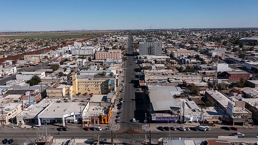 Sun shines on downtown Mexicali, Baja California, Mexico