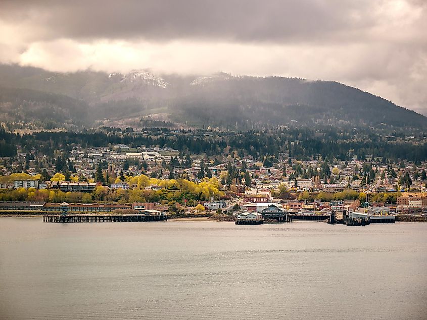 Waterfront at Port Angeles, Washington, with the Olympic Mountains in the background.