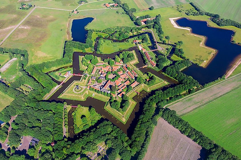 Aerial of the star-shaped Fort Bourtange, Groningen, The Netherlands.