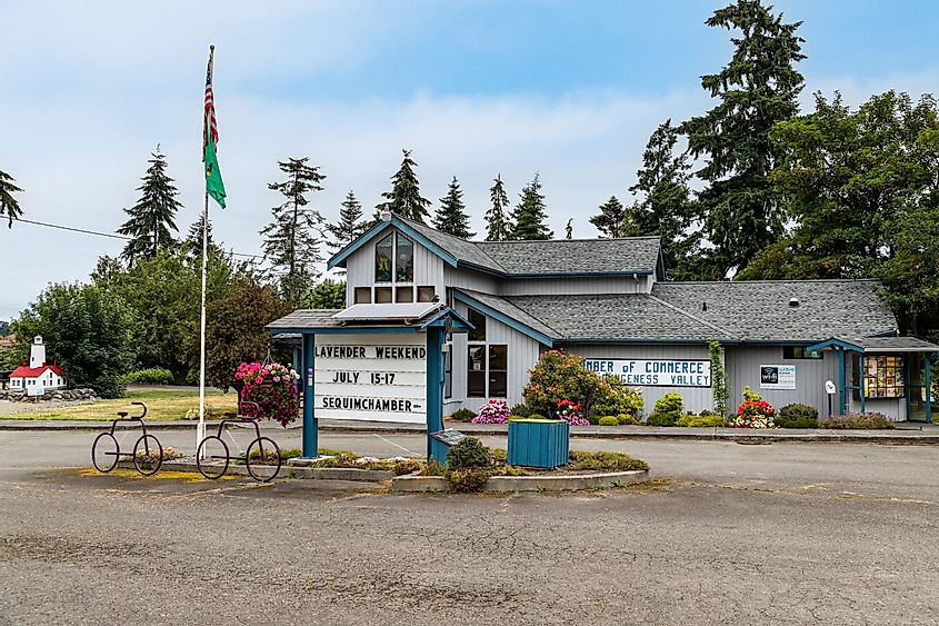 Chamber of Commerce and Visitors Center building in Sequim, Washington, USA.