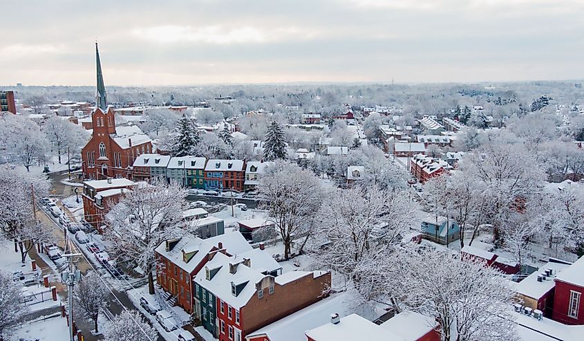 Winter morning, small American town covered in snow, idyllic landscape of colonial Lancaster, Pennsylvania after blizzard