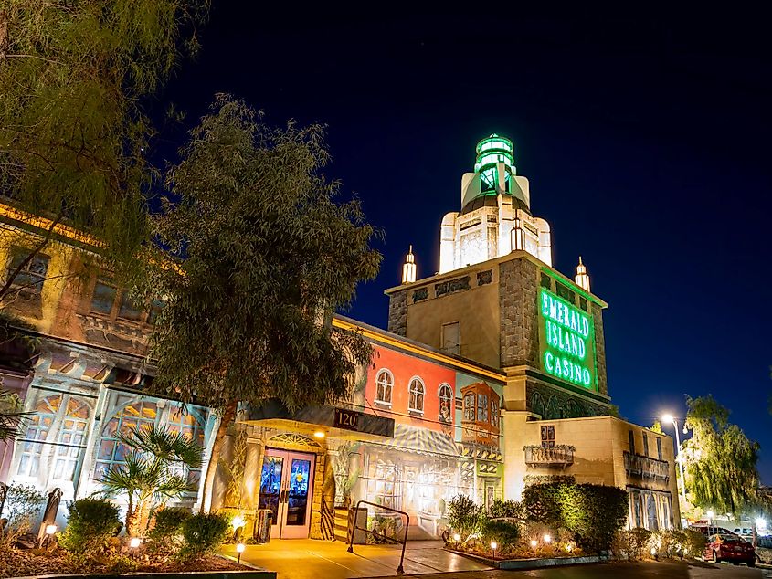 Night view of the beautiful Emerald Island Casino in Water Street District at Henderson, Nevada