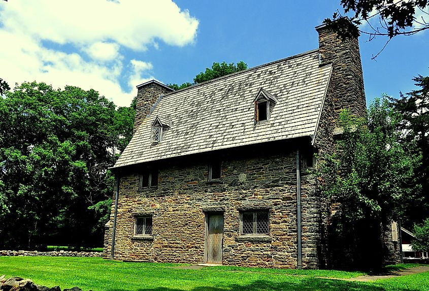 Guilford, Connecticut - July 10, 2015: The historic stone 1639 Henry Whitfield House and Museum originally served as both a protective fort and the minister's home