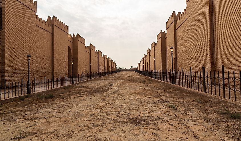 Babylon great walls restored by Saddam Hussein and ancient Mesopotamian Street.