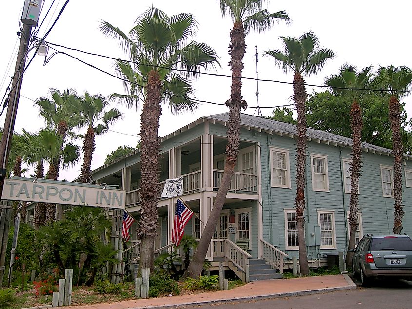 The Tarpon Inn located in Port Aransas, Texas, United States. The building was listed on the National Register of Historic Places on September 14, 1979.