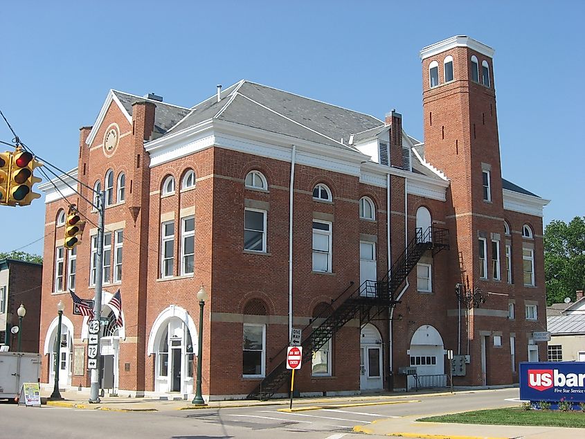 Front and southern side of the Cedarville Opera House, located at 78 N. Main Street (U.S. Route 42) in Cedarville, Ohio, United States. Built in 1888, it is listed on the National Register of Historic Places.