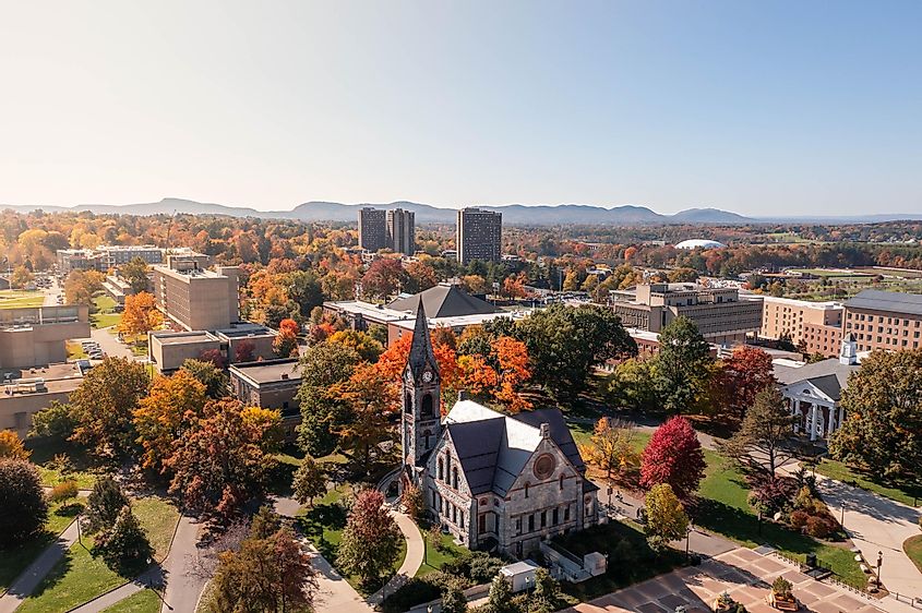 Aerial view of the University of Massachusetts Amherst campus on a sunny autumn day.