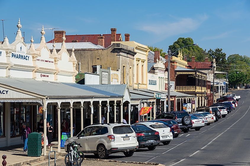 View along Ford Street, the main commercial street in central Beechworth, a north east Victorian town, via Nils Versemann / Shutterstock.com