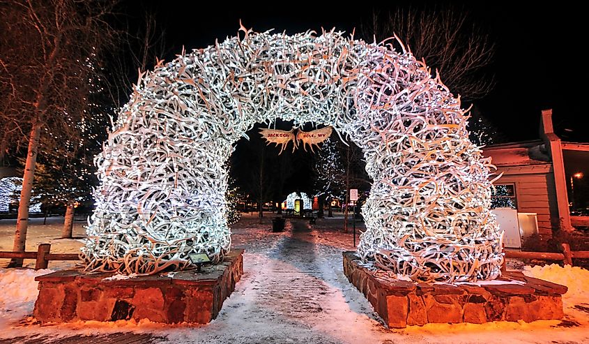 Large elk antler arches curve over Jackson Hole, Wyoming's square's four corner entrances