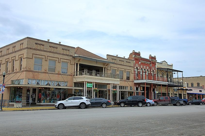 Historic downtown buildings in the courthouse square in Goliad, Texas