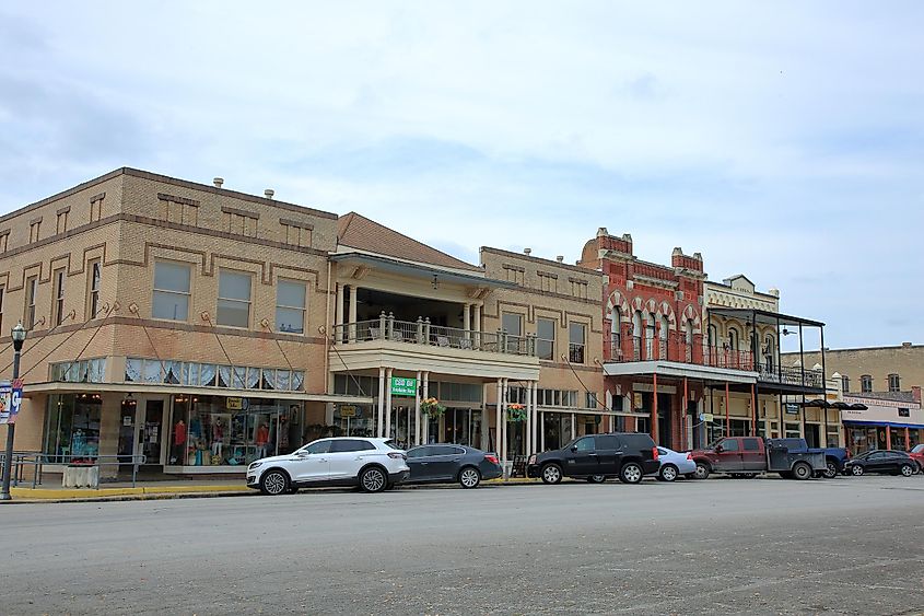 Historic downtown buildings in the courthouse square in Goliad, Texas