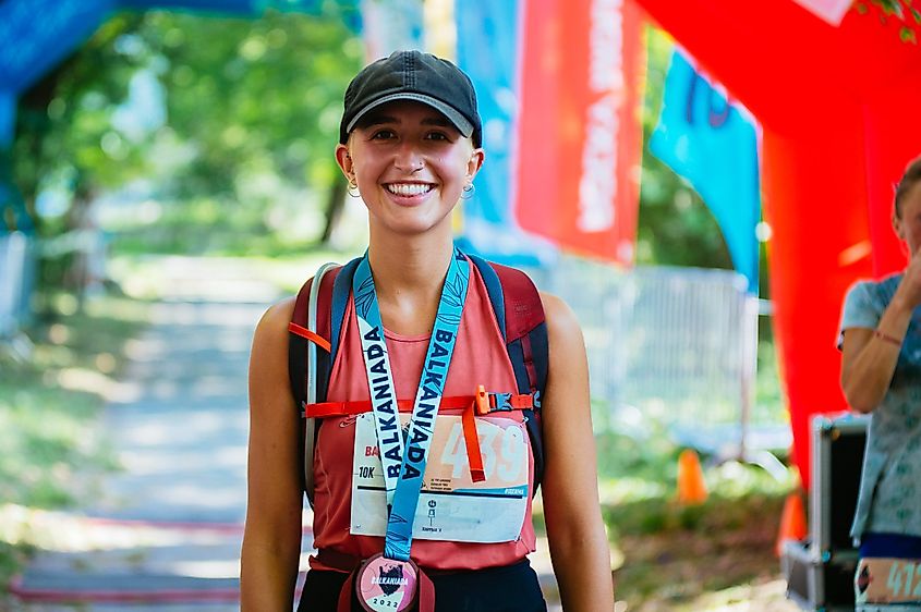 A happy lady at the finish line of the Balkaniada 10k race in Karlovo, Bulgaria.