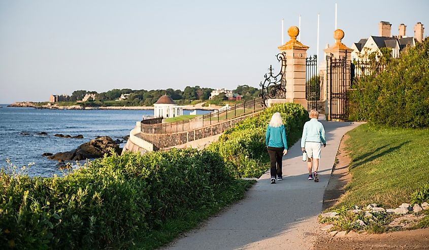 Older couple walking the public access path at Newport Cliff Walk