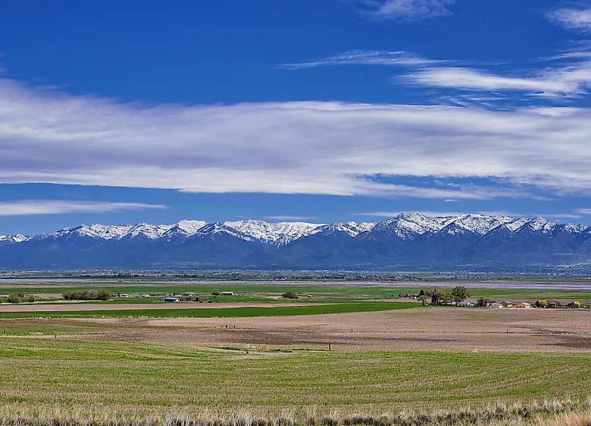 Tremonton and Logan Valley landscape views from Highway 30 pass, by Cache County along the Wasatch Front Rocky Mountains, Utah