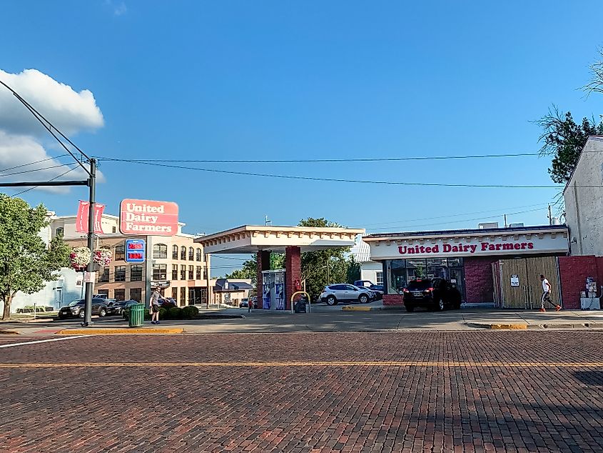 Street view of Main Street and United Dairy Farmers Gas Station in Oxford, Ohio.