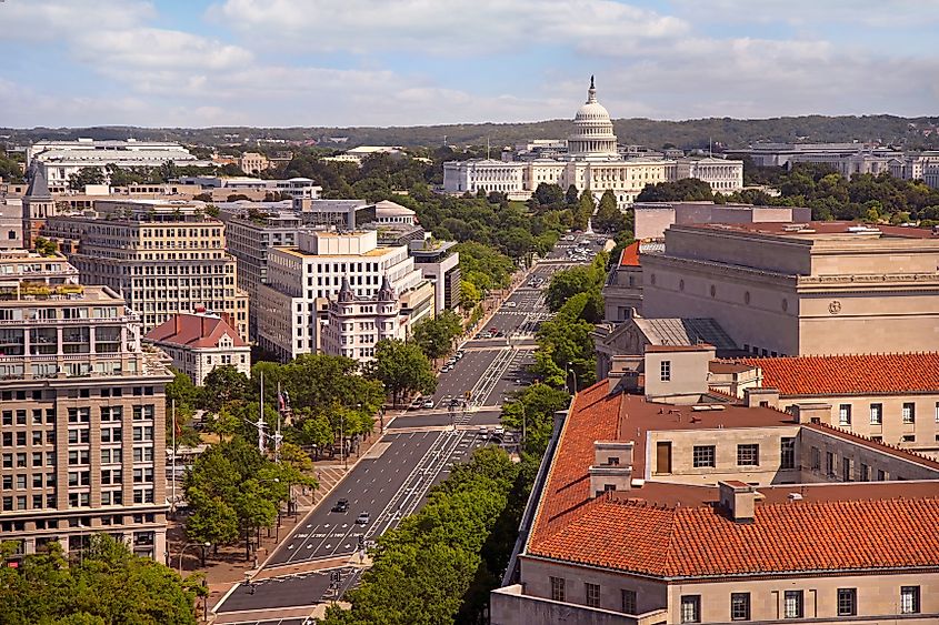 Washington DC skyline with Pennsylvania Avenue and US Capitol on a sunny day