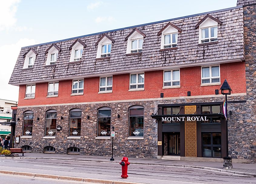 Banff, Alberta, Canada 09/26/2019 The Mount Royal Hotel on Banff Avenue in fall, the building also houses the Tony Roma restaurant