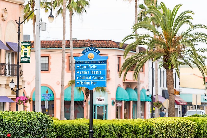 Blue directional sign in Venice, Florida, pointing to the beach, jetty, theatre, cultural campus, and fishing pier, with palm trees and Mediterranean-style buildings in the background.