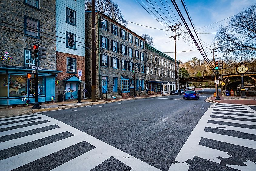 Intersection in downtown Ellicott City, Maryland.