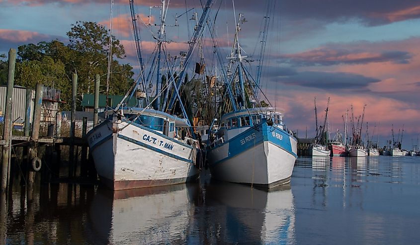 Shrimp boats moored at sunset at a dock near Darien Georgia