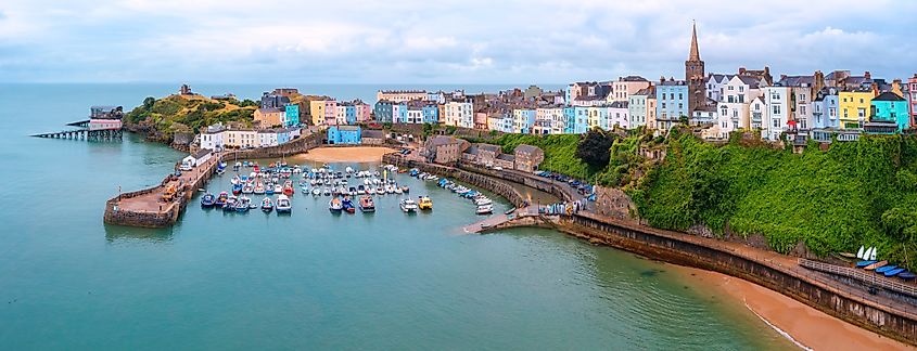 Tenby, a popular resort town famous for its colorful houses and sand beaches in Pembrokeshire, Wales