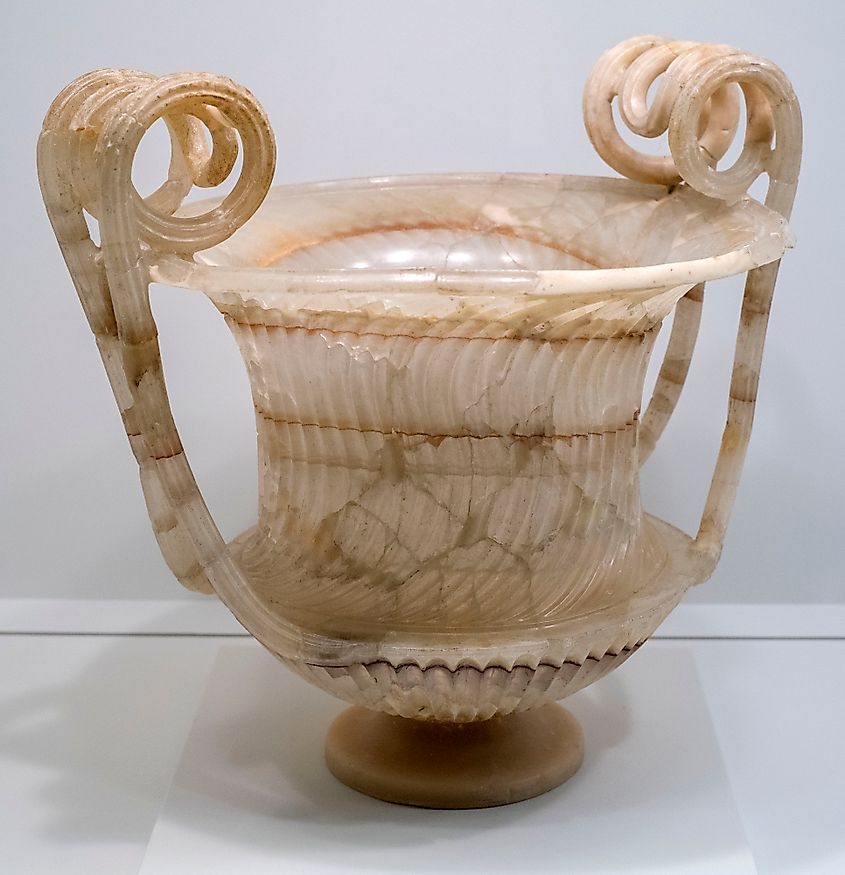 Augustan-era krater in Egyptian alabaster, found in a Roman necropolis at San Prisco in 1897. 