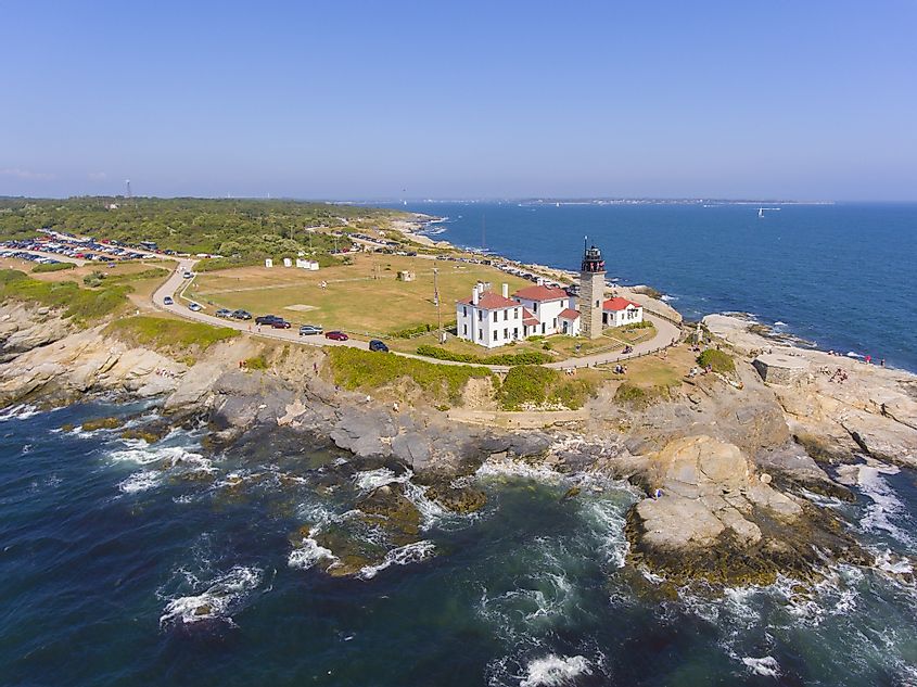 Aerial view of Beavertail Lighthouse in Beavertail State Park during the summer, Jamestown, Rhode Island, USA.