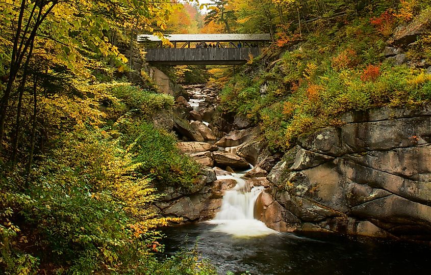 Wooden bridge at The Flume Gorge in New Hampshire during the fall.