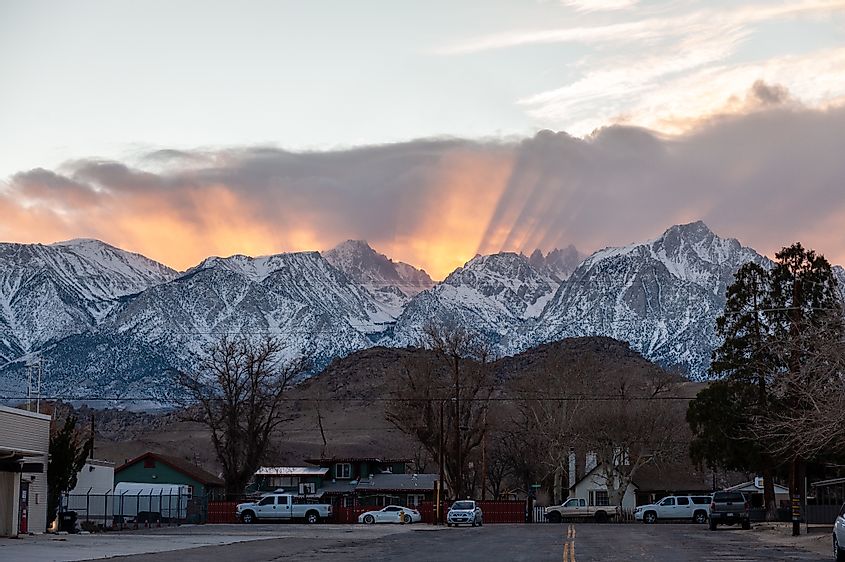 Sun setting behind Mount Whitney as visible from Lone Pine, California.