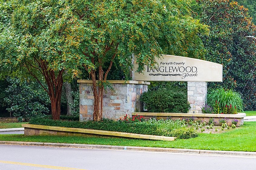Tanglewood Park entrance sign, a recreation center, campground and park.