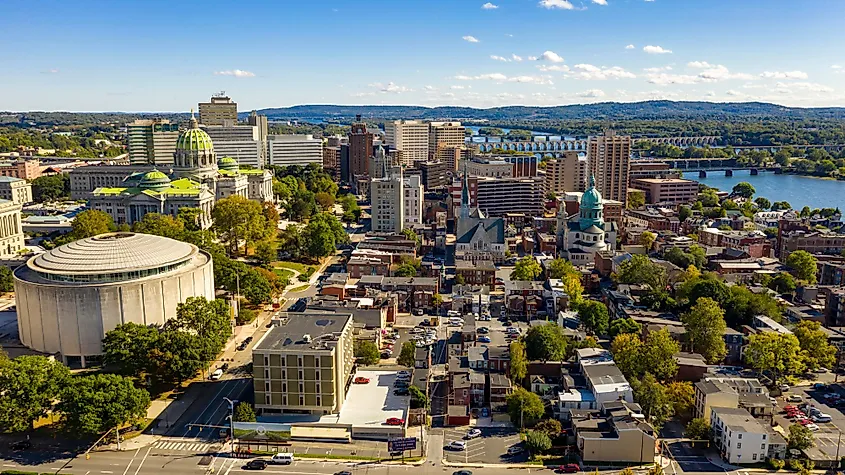 Afternoon light hits the buildings and downtown city center area in Harrisburg, Pennsylvania